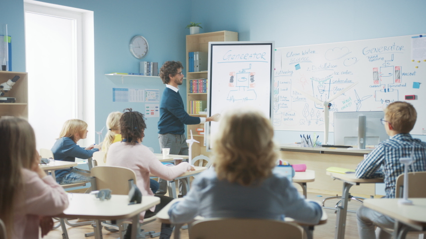 Elementary School Physics Teacher Uses Interactive Digital Whiteboard to Show to a Classroom full of Smart Diverse Children how Generator Works. Science Class, Kid Raises Hand with Answer | Shutterstock HD Video #1040541407