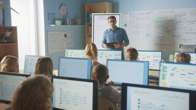 Elementary School Class: Teacher Uses Interactive Digital Whiteboard, Explains Lesson to Diverse Group of Smart Children. Kids getting Modern Education, Learn Computer Science, Software Programming - Powered by Shutterstock - Get 15% off with code: PIKWIZARD15