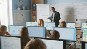Elementary School Computer Science Class: Teacher Uses Digital Tablet, Explains Lesson to Diverse Group of Smart Children. Kids getting Modern Education, Learn Internet Safety, Software Programming - Powered by Shutterstock - Get 15% off with code: PIKWIZARD15