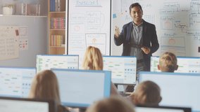 Elementary School Class: Teacher Uses Interactive Digital Whiteboard, Explains Lesson to Diverse Group of Smart Children. Kids getting Modern Education, Learn Computer Science, Software Programming - Powered by Shutterstock - Get 15% off with code: PIKWIZARD15