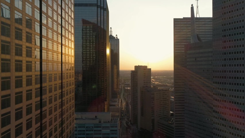 4K Dallas Aerial Drone Reverse Reveal Texas Sunset High Rise Urban Sunset