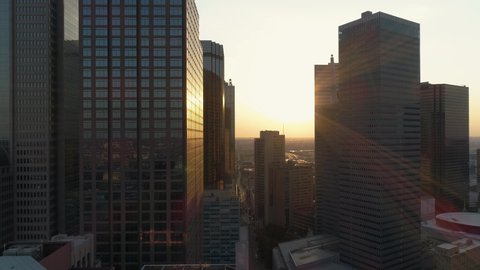 4K Dallas Skyline Night Drone Aerial Sunset Yellow Reflection Skyscraper