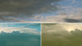 Collage of time lapse summer sunny clouds & clean blue lightness soft sky, relaxing hot weather after rain in horizon. #FHD.
