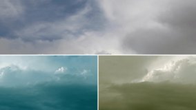 Collage of time lapse summer sunny clouds & clean blue lightness soft sky, relaxing hot weather after rain in horizon. #FHD.