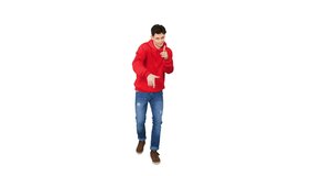Hip-Hop style man in red hoody dancing on white background.