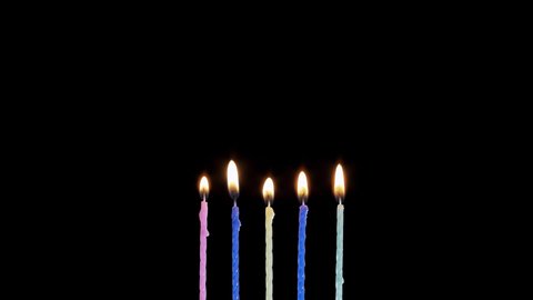 Collection set of birthday candles on black background, anniversary celebration concept, blowing off light, making a wish. Five festive cake candles burn and blow out.