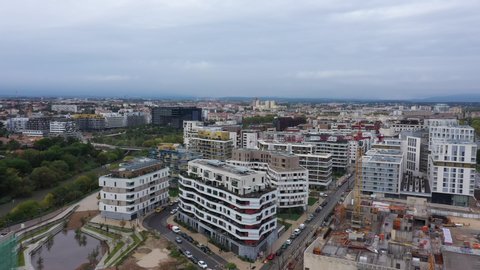 Cloudy aerial view over residential modern buildings Montpellier France Port Marianne