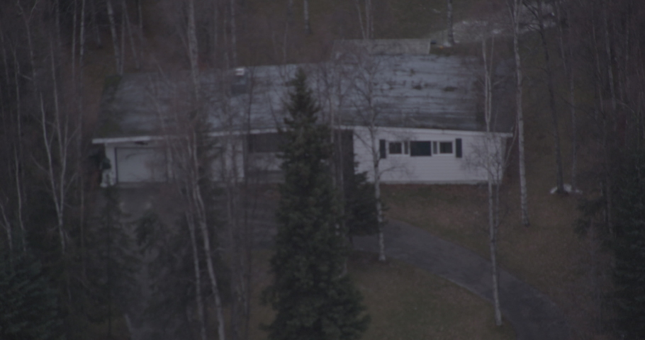 Helicopter aerial shot of house surrounded by pines, overcast day, drone