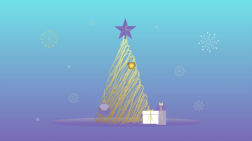 Seamless looped animation with stylized dancing Christmas tree, purple star, gift boxes, swinging ornaments, glittering snowflakes, shimmering golden apple. Illustrated in shades of lilac, gold, blue. - Powered by Shutterstock - Get 15% off with code: PIKWIZARD15