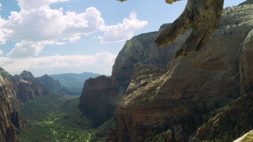Angels Landing in Zion National Park, Utah.  Tracking Shot Overlooking Valley at Angels Landing Peak