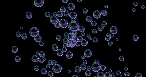 4K Water bubbles motion from back to front in black background. Soap bubbles  