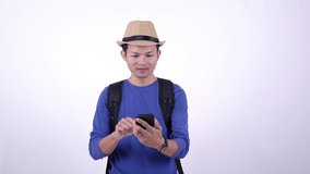 Asian Thai tourist live streaming video on social media with smart phone on white background