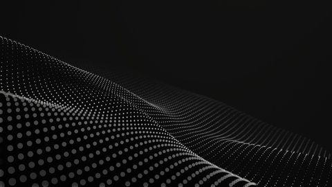 Futuristic grid wave of white halftone digital dots data smooth seamless animation on dark with dim light background. Flow particles landscape. For cyber technology, sound visualization, big data
