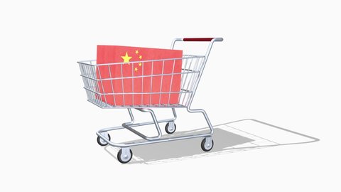 The concept of the import trade of the state of China. Sale of goods of Chinese production. The shopping cart and the flag of the country. Animation 3d icons. Promising Chinese economy.
