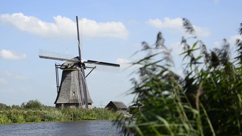 Kinderdijk, Holland, August 2019. A single isolated mill surrounded by water and reeds swinging in the wind. Peace and tranquility.