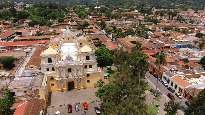 Ancient Old Antigua Guatemala city aerial drone view. Antigua Guatemala, old Guatemala. Referred to as just Antigua or la Antigua, is a city in the central highlands of Guatemala. | Shutterstock HD Video #1040608013