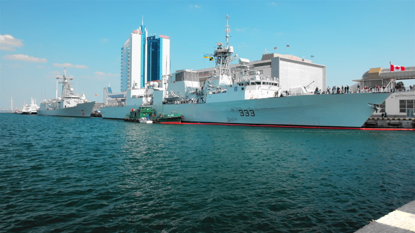 tugboat works with the mooring of NATO warships. Alliance in the Ukrainian port of Odessa.