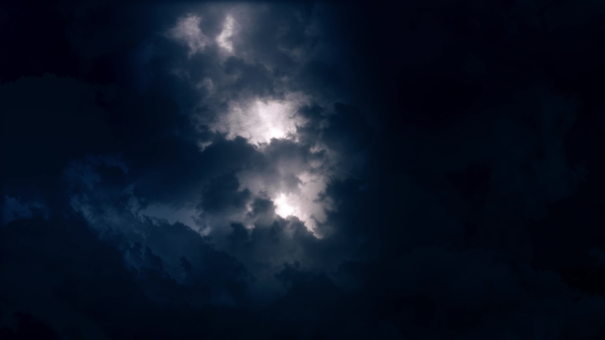 Epic thunderstorm moving clouds at night with lightning seamless loop. Realistic black storm sky timelapse with powerful flashes and lights. Force of nature and dark environment looping 3D animation.