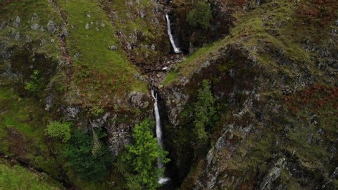 Aerial Drone shot of Dungeon Ghyll Force on the Langdale Pikes, Great Langdale, Lake District, Cumbria, UK