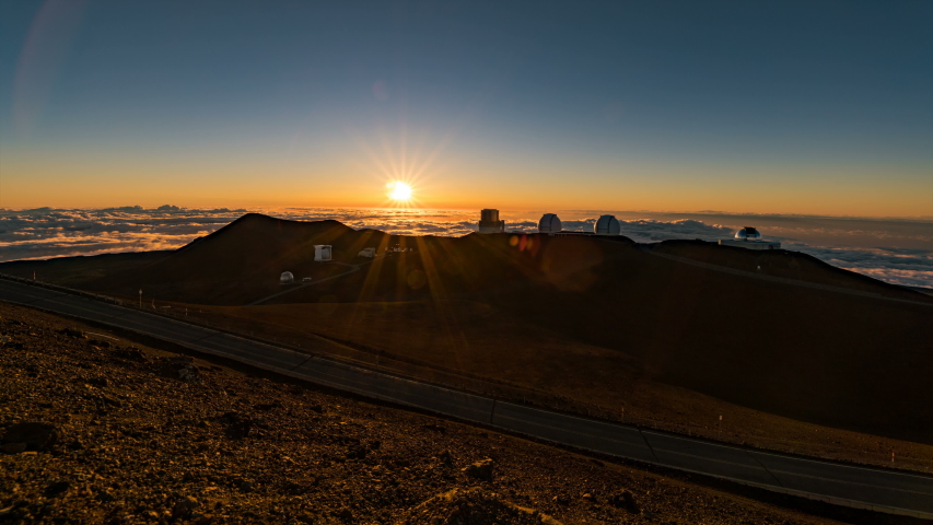 Timelapse wide angle shot of sunset at Mauna Kea Observatories at Big Island in Hawaii