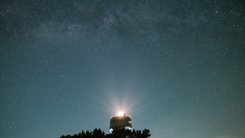 Astro timelapse of Milky Way galaxy over lighthouse at Jogasaki Coast in Izu peninsula, Japan