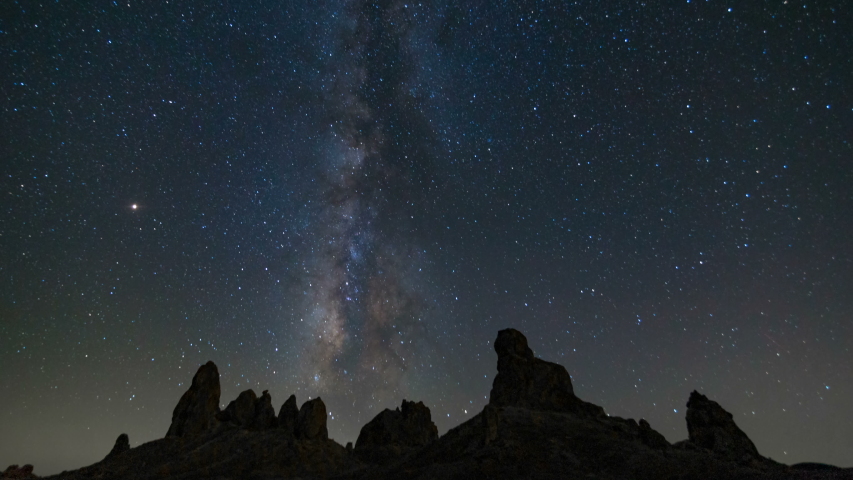 Astro timelapse of Milky Way galaxy over tufa towers at Trona Pinnacles in Mojave Desert, California | Shutterstock HD Video #1040635556