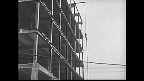 CIRCA 1930s - A montage shows the different ways steel box girders have been used, such as the construction of the Statue of Liberty and bridges