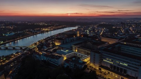 Aerial View of Coimbra, Johannine Library at sunset, Portugal