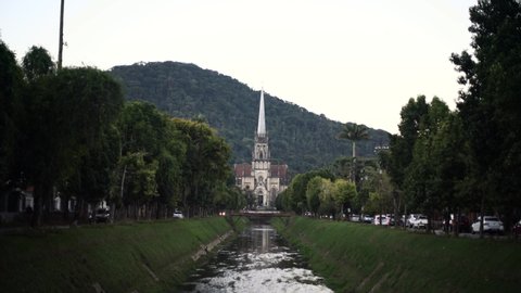 Beautiful Gothic Catholic Cathedral with mountain as background in Petropolis, Brazil