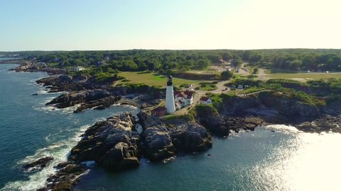 Maine/USA   aerial video of lighthouse in Maine taken by drone camera 