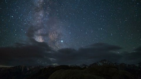 Astro time lapse of Milky Way galaxy over Sierra Nevada Mountains in California 