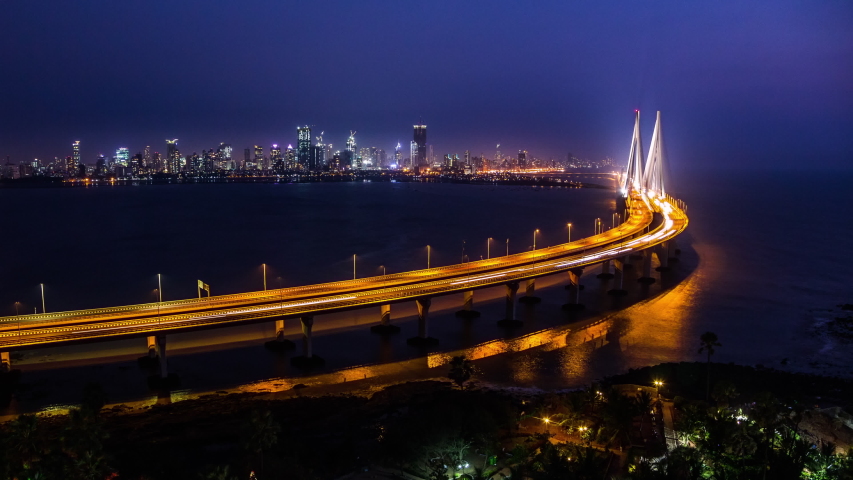 High angle view of Bandra Worli Sea Link in Mumbai, India time lapse at night Royalty-Free Stock Footage #1040666159