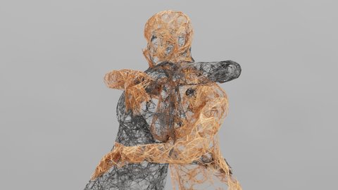 Two female figures made of golden and dark annealed wires hug each other. An idea that compassion is inherent in everyone despite our apparent stiffness and complexity. 3D rendered seamless animation.