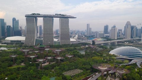 Singapore,Singapore - November 09, 2019 : Hyperlapse of aerial view of Garden by the Bay from drone at Marina Bay, Singapore