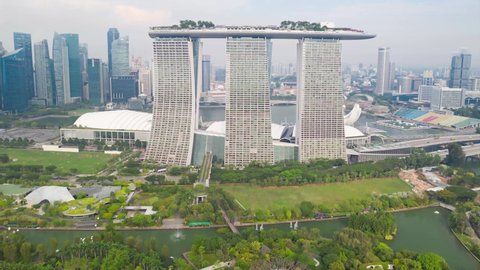 Singapore,Singapore - November 09, 2019 : Hyperlapse of aerial view of Garden by the Bay from drone at Marina Bay, Singapore