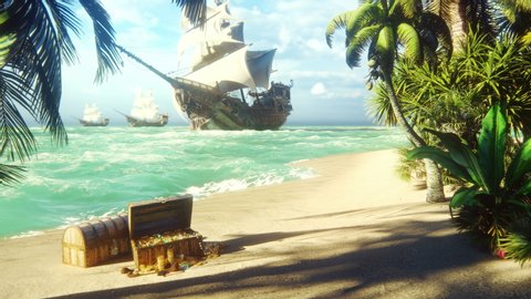 Sand, sea, sky, clouds, palm trees and a clear summer day. Pirate frigates docked near the island. Pirate island and chests of gold. Beautiful looped animation.