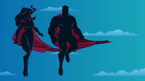 Seamless looping animation with silhouette of superhero couple, flying high in the sky.