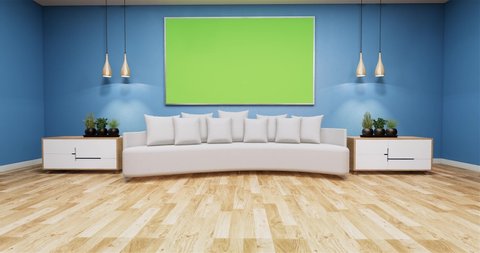 Living Room with whiteboard on wall room color blue.3D rednering