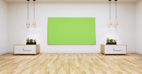 whiteboard green screen and cabinet on floor wooden on empty room.3D rendering