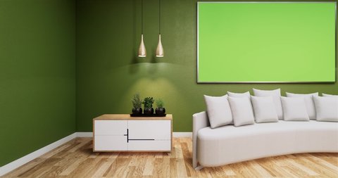 Living Room with whiteboard on wall room color green.3D rednering
