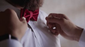 American man groom put bowtie with help of male friend in home room. Bearded guy wearing white shirt is preparing for wedding day, using stylish accessory in interior. Closeup view of people. Concept