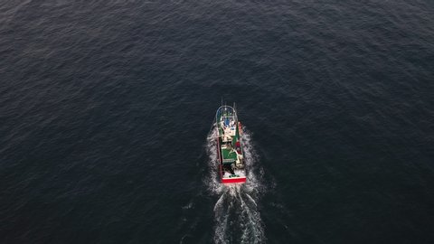 View from a drone of a fishing boat, Islares, Castro Urdiales Municipality, Montaña Oriental  Costera, Cantabrian Sea, Cantabria, Spain, Europe