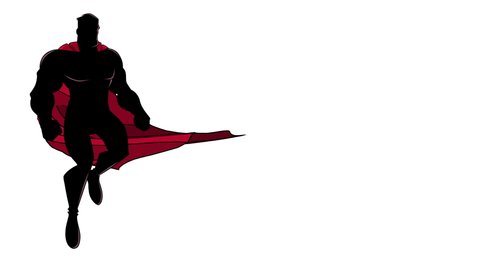 Seamless looping animation with silhouette of cartoon superhero flying up during mission, on white background and in 2 versions.