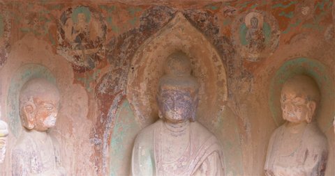 Buddhist grottoes sculpture in Bingling Temple, Gansu China. UNESCO World Heritage Site.