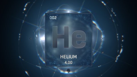 Helium as Element 2 of the Periodic Table. Seamlessly looping 3D animation on blue illuminated atom design background with orbiting electrons. Design shows name, atomic weight and element number 
