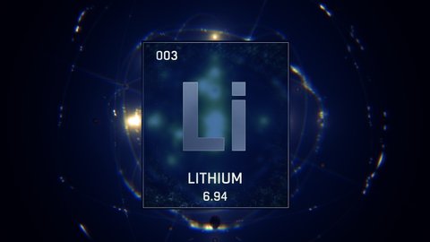 Lithium as Element 3 of the Periodic Table. Seamlessly looping 3D animation on blue illuminated atom design background with orbiting electrons. Design shows name, atomic weight and element number 