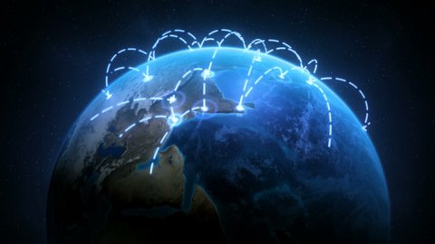 3d animation of a growing network across the world. Abstract global business network concept. New and improved  blue and white version