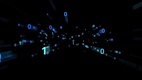 Abstract futuristic digital background. Array of binary characters 0 and 1 move forward and leave a long trail. Matrix digit numbers stream. Technology 4K footage