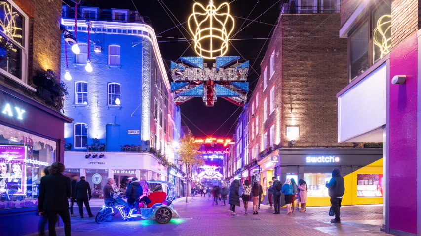 London / United Kingdom (UK) - 02 21 2019: Timelapse of Christmas Lights at Carnaby Street