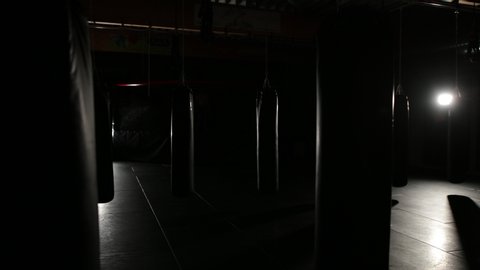 Punching bags hanging from the ceiling in a dark gym and after them lights go on and illuminate a ring with a mma fighter ready for a fight towards standing in there